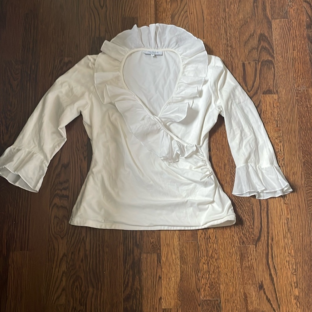 Anne Fontaine white ruffle collar 3/4 sleeve blouse, size European 42, US 8